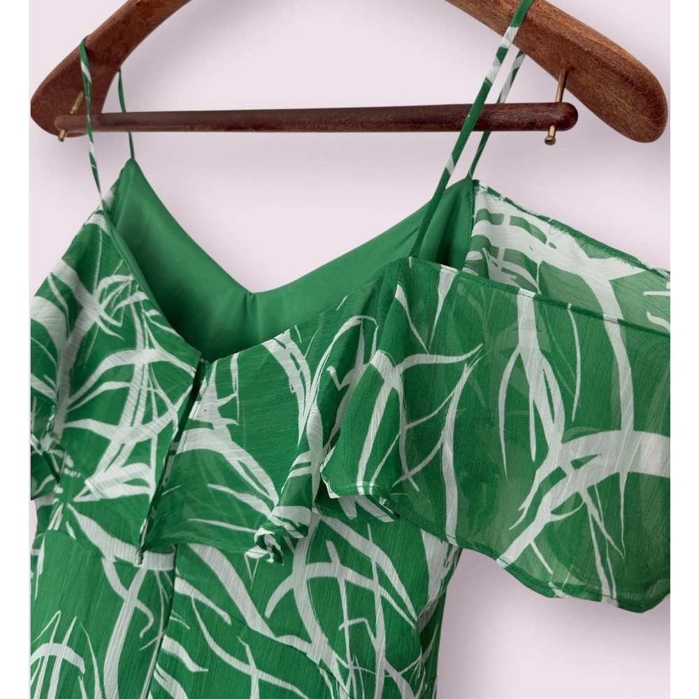 London Times Green White Abstract V-Neck Chiffon Ruffle Midi Slip Dress Size 10P - Picture 5 of 8